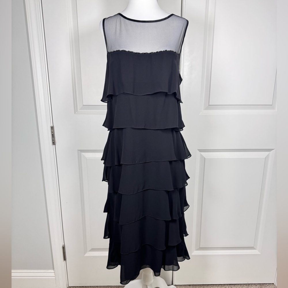 Patra Tiered Chiffon Formal Cocktail Dress Illusion Neck Wedding Guest Sz 16